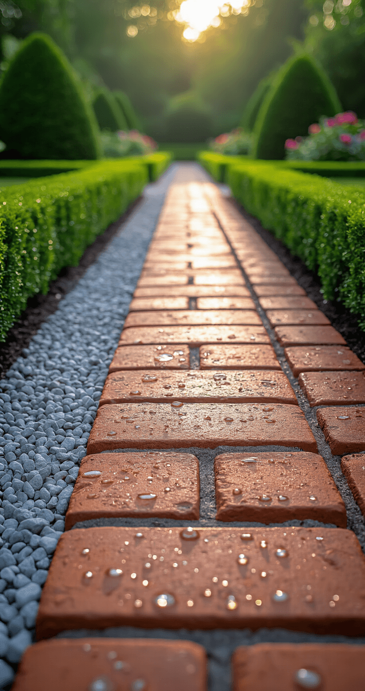 Detail shot of a formal garden featuring a soldier course brick border surrounding a boxwood parterre, with morning light illuminating dew-covered bricks and sharp mortar joint details, while a crushed granite path provides contrasting texture in the blurred background.