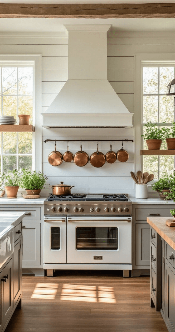 A spacious farmhouse kitchen with a white shiplap range hood, vintage gas range, soft gray cabinets, butcher block island, copper pots, and terracotta herbs, all bathed in warm morning light.