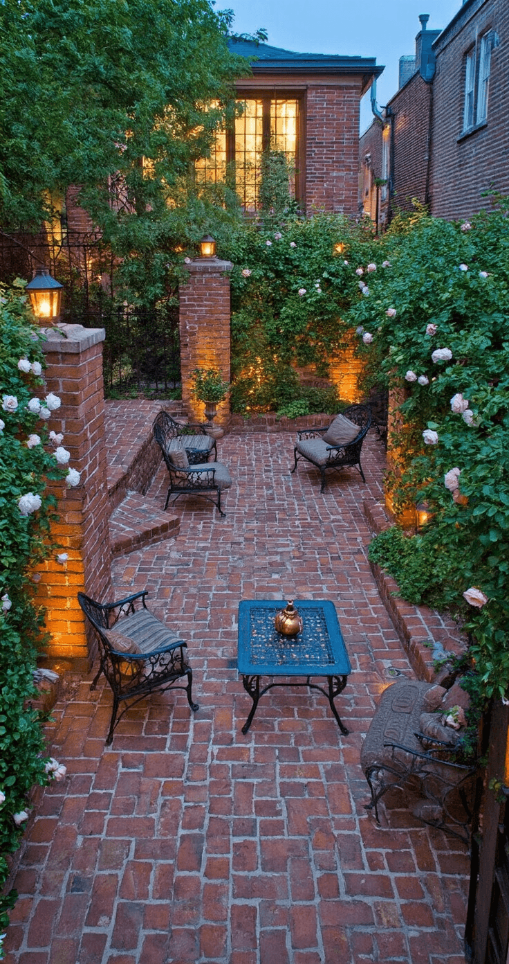 Wide angle landscape image of a multi-level brick terrace featuring a vintage Chicago brick basket weave pattern. The scene is illuminated by copper lanterns during blue hour, with wrought iron furniture creating distinct zones. Climbing roses on brick pillars frame the view of the garden beyond.