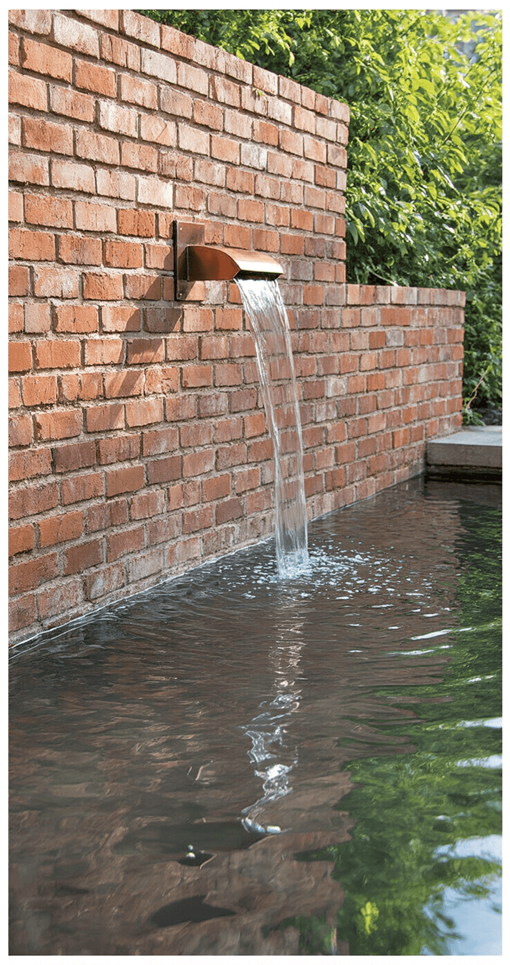 Macro shot of a 3-foot square fountain made of reclaimed Victorian bricks, featuring a copper scupper. Water sheets down, capturing sunlight, while aquatic plants soften the edges. The still water reflects the brick's texture, showcasing a developing patina on exposed surfaces.