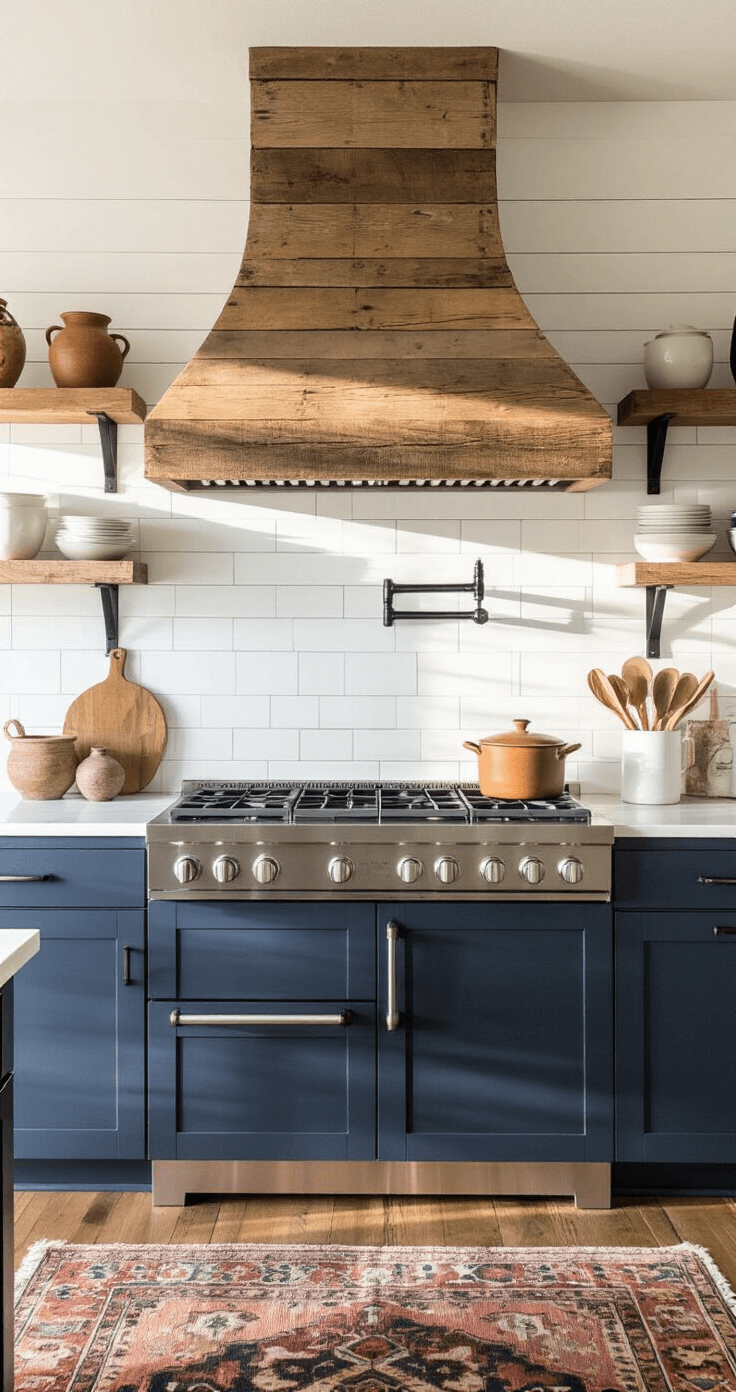 An intimate farmhouse kitchen with a rustic wood range hood, stainless steel cooktop, navy lower cabinets, and white subway tile, illuminated by golden hour sunlight casting long shadows, showcasing artisanal pottery on open shelving and a vintage rug over wood plank flooring.
