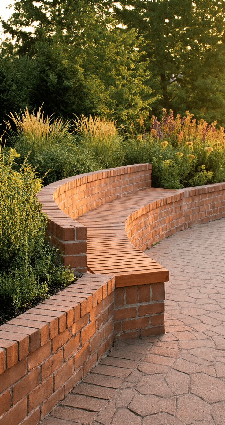 Environmental portrait of a brick garden seating area at sunset, featuring a curved bench made from buff-colored pavers, topped with teak slats, surrounded by thyme and framed by ornamental grasses and perennials in warm evening light.