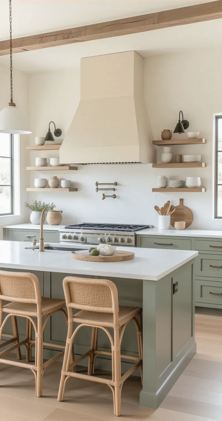 Bright, spacious modern farmhouse kitchen with minimalist ecru plaster range hood, professional stainless steel range, light oak open shelving, sage green cabinetry, white quartz countertops, and rattan bar stools on a marble waterfall island, all illuminated by natural midday light.