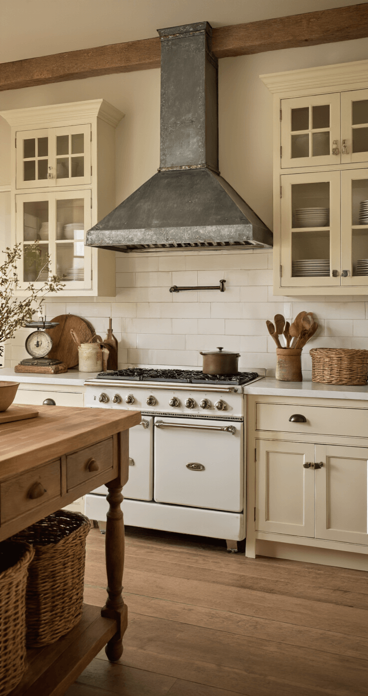 A cozy farmhouse kitchen with a zinc range hood over a white enamel range, warm cream cabinets, a butcher block island, and vintage decor, bathed in soft dusk light.
