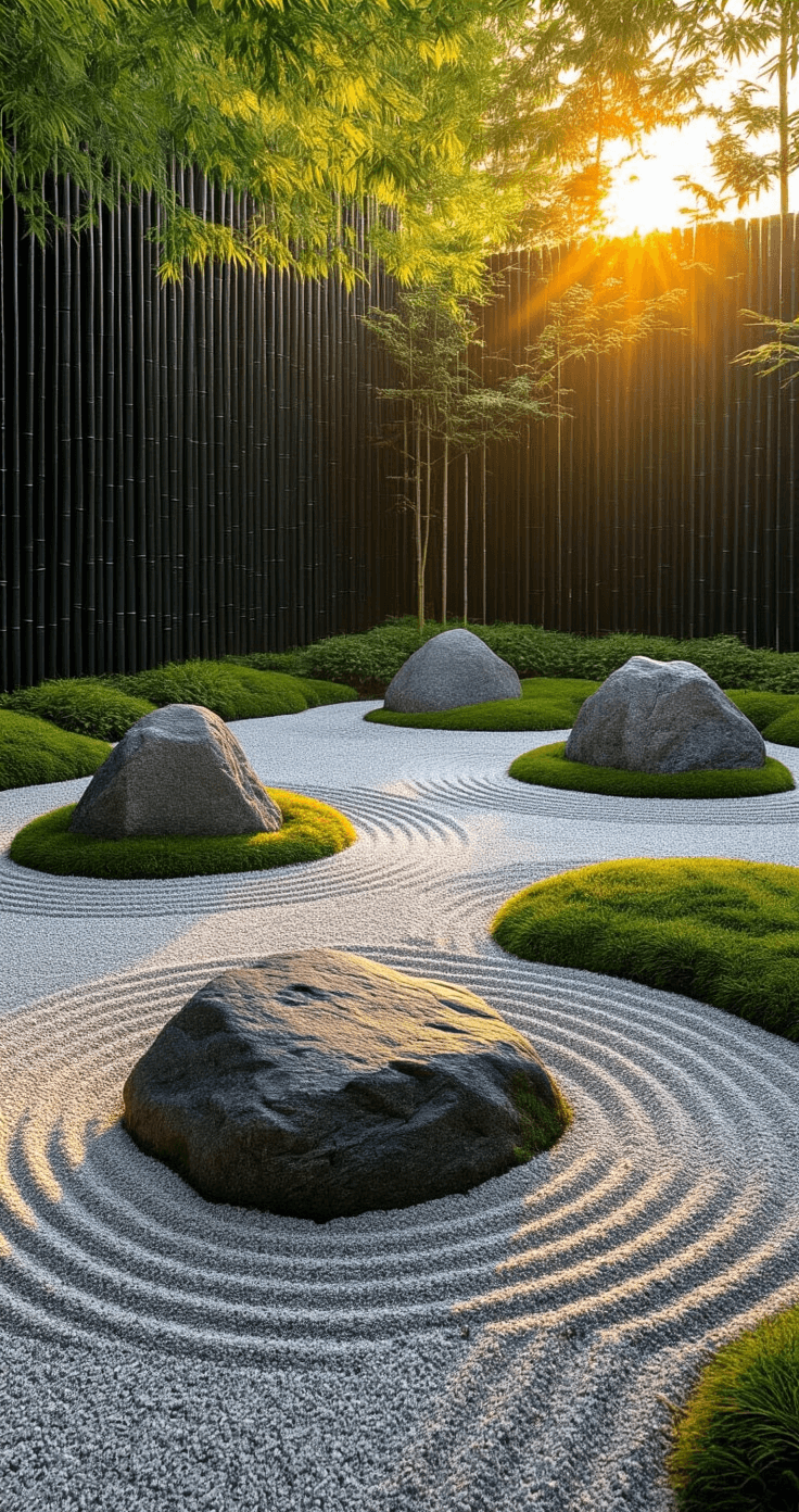 A wide-angle shot of a dramatic Japanese-inspired Zen garden at golden hour, featuring three asymmetrically arranged granite boulders surrounded by raked gravel and dwarf mondo grass. Long shadows from warm sunlight highlight the stone textures, while clean lines of black bamboo create a vertical backdrop. The scene is captured from a low angle, emphasizing the boulders' monumentality, with a desaturated color palette of grays, sage greens, and sand tones.