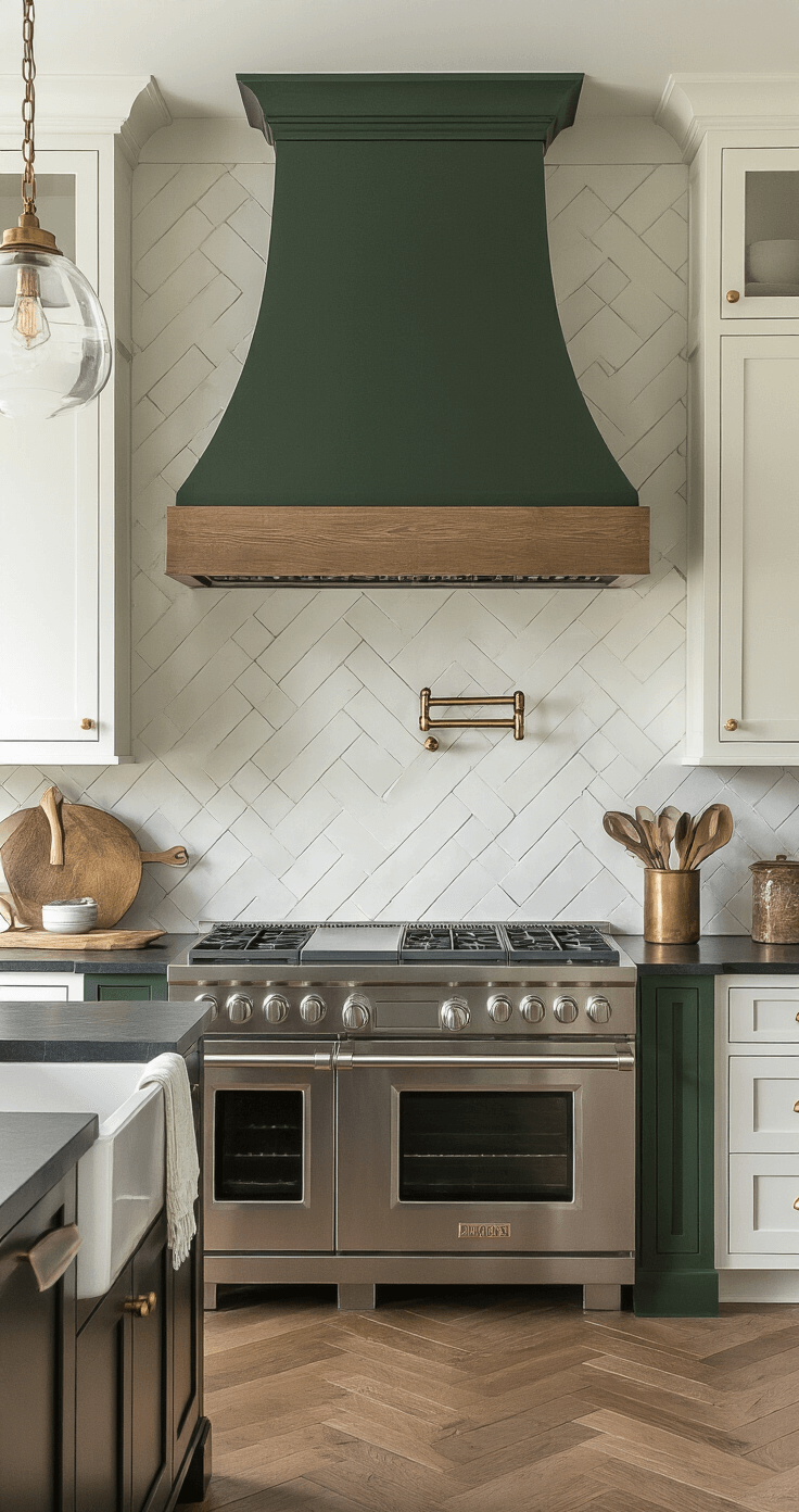 An elegant farmhouse kitchen featuring a stainless steel range hood with a custom forest green wood surround, high-end dual fuel range, crisp white cabinetry, dark soapstone countertops, herringbone tile backsplash, large island with farmhouse sink, brass hardware, and dramatic evening lighting.