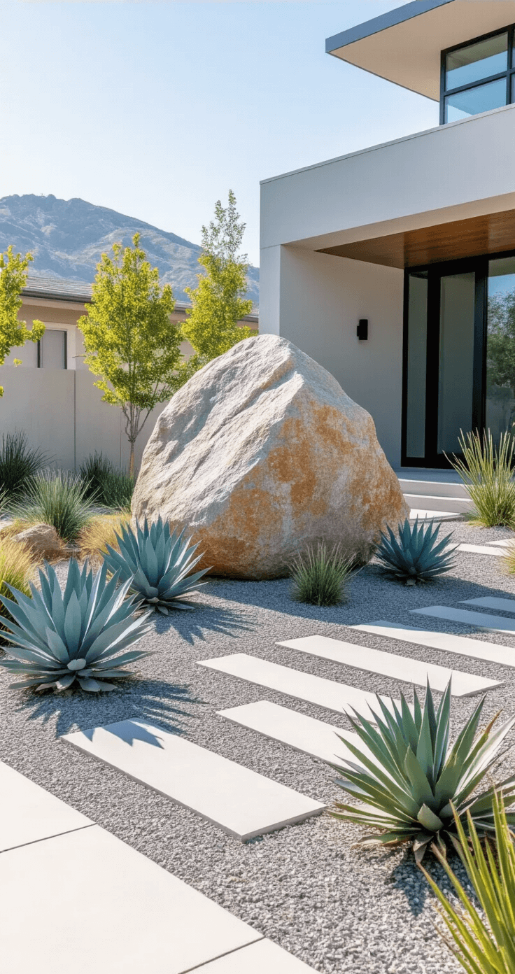 Modern minimalist front yard with a large 6ft limestone boulder as the focal point, surrounded by blue agave and desert spoon, featuring angular decomposed granite pathways and a clean architectural concrete retaining wall, captured in bright midday light with high contrast, showcasing a cool color palette.