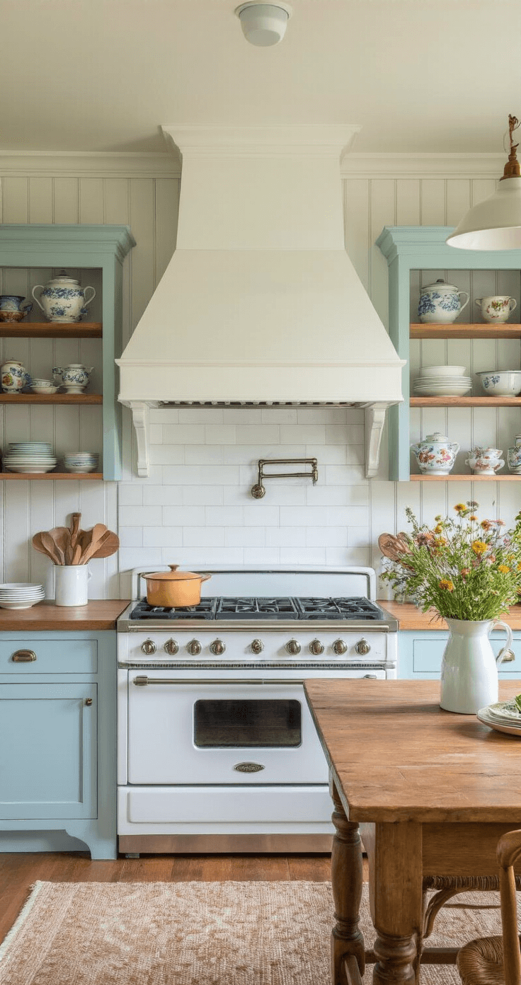 A cozy farmhouse kitchen featuring pale blue beadboard cabinets, a vintage white metal range hood above a colorful retro-style range, butcher block countertops, and open shelving with mismatched china, all bathed in warm afternoon light. A farmhouse table with wildflowers serves as an island, accentuating the soft pastel color palette and nostalgic atmosphere.