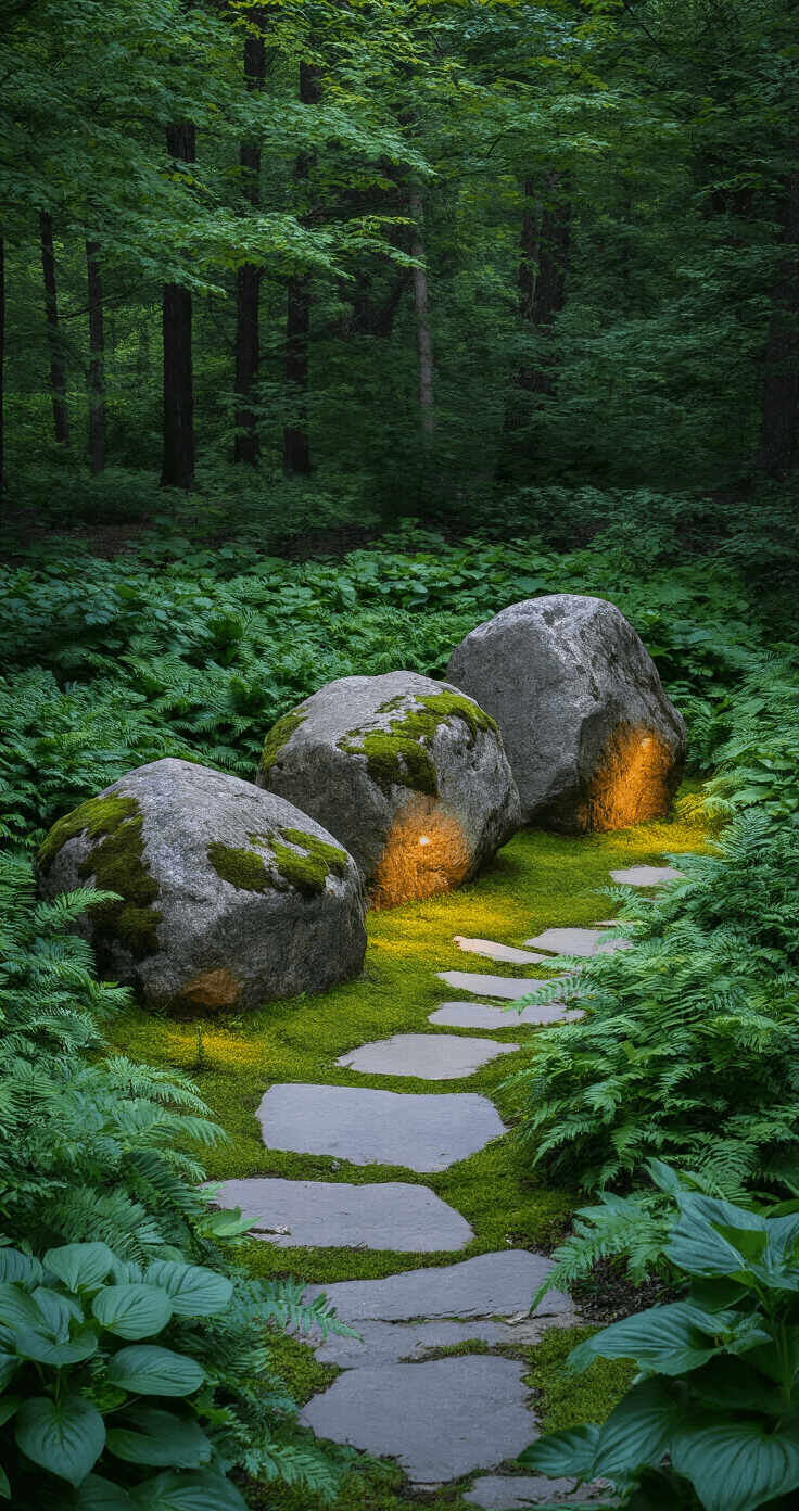 A twilight woodland garden featuring three moss-covered granite boulders surrounded by lush ferns and hostas, with native dogwoods creating a dappled canopy overhead. An indirect evening light gently uplights the rocks, while a meandering flagstone path guides the viewer's eye through the scene. The image is shot from an elevated position, showcasing rich emerald and earth tone colors with a shallow depth of field that emphasizes the boulders.