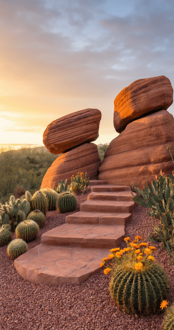 Desert landscape at sunrise showcasing a cluster of dramatic red sandstone boulders forming a natural staircase, surrounded by barrel cacti, ocotillo, and desert marigolds, with crushed red stone groundcover, all bathed in golden morning light and warm terracotta, sage, and yellow ochre tones.