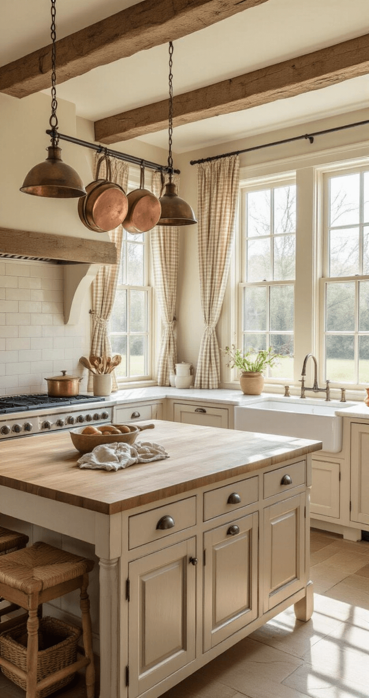 A spacious farmhouse kitchen featuring a weathered wood island with a butcher block countertop, off-white cabinetry with creamy beige quartz tops, vintage copper pots hanging from a rustic beam, and a large apron-front sink below a window with gingham curtains, all bathed in soft morning light.