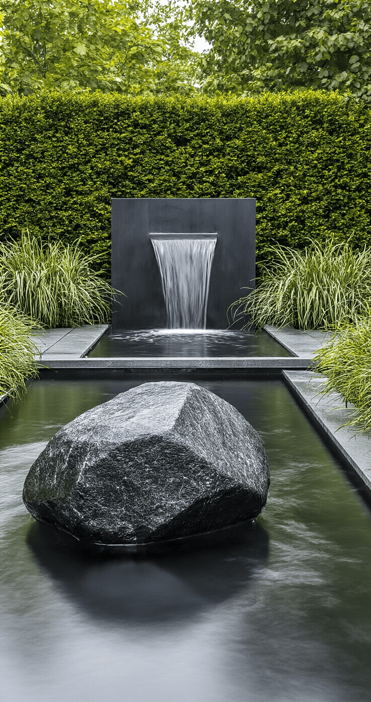 Contemporary meditation garden with a 4ft smooth black granite boulder water feature, overcast light, water cascading into a reflection pool, surrounded by cloud-pruned boxwood and steel planters with ornamental grasses, captured straight-on with a slow shutter speed to emphasize water movement in a monochromatic palette of blacks, grays, and silvers.