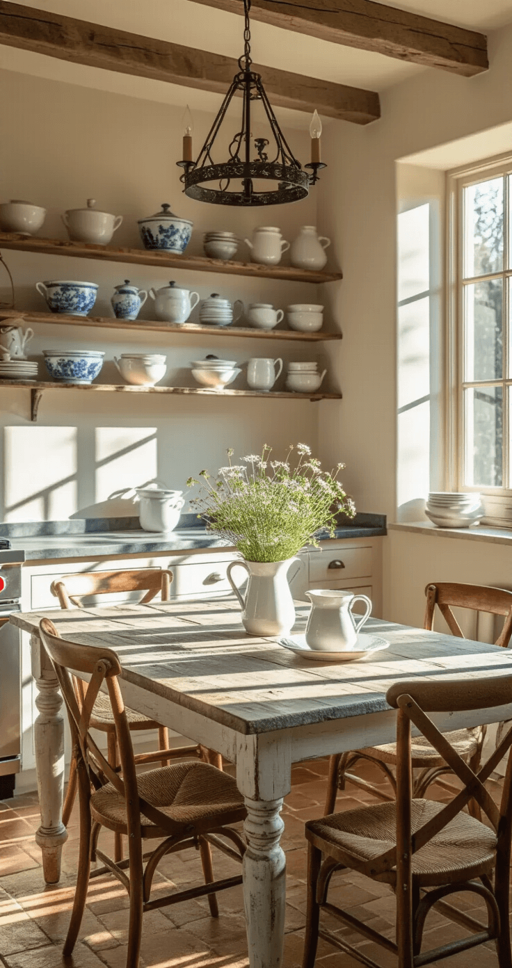A cozy rustic kitchen nook at golden hour, featuring a distressed wooden table with a soapstone countertop, mismatched wooden chairs, a pitcher of wildflowers, and open shelving displaying white ironstone and blue willow china, all enhanced by natural light and a wrought iron chandelier.