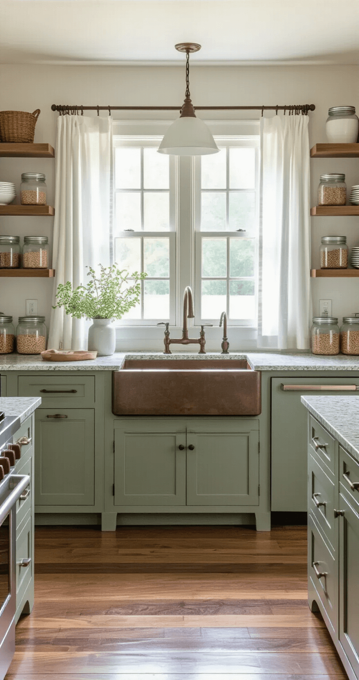 A bright and inviting farmhouse kitchen featuring a central island with a speckled gray and white granite countertop, sage green shaker-style cabinets, warm wood floors, a farmhouse sink with a bronze faucet under a window with white linen curtains, and open shelves displaying mason jars of dry goods. The image captures the room's depth from one corner.