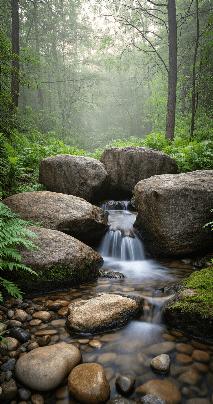 A natural woodland stream featuring three weathered limestone boulders creating a water cascade, surrounded by native ferns, sedges, and moss groundcover, with early morning light filtering through the tree canopy. The scene is shot from ground level, capturing the muted palette of browns, greens, and grays, with sharp focus on the boulders and an atmospheric blur in the background.