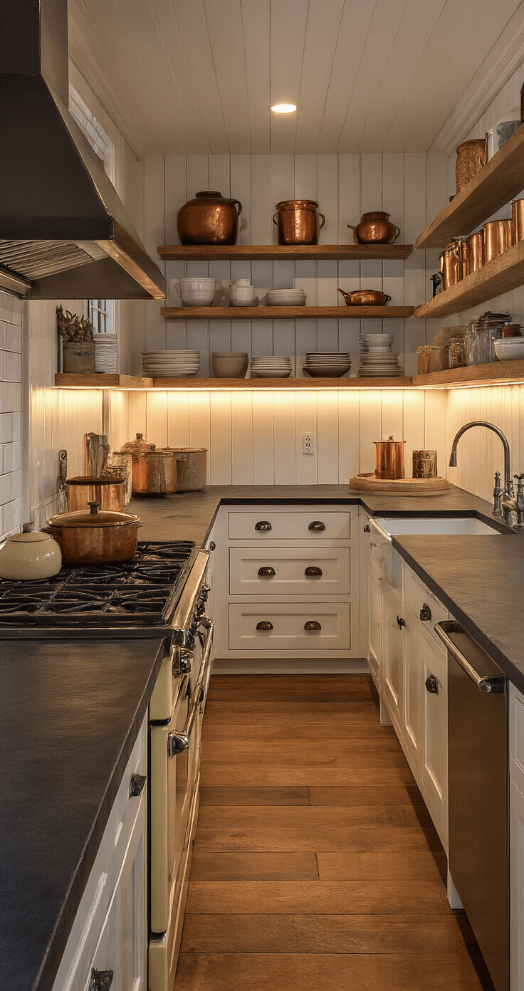 A cozy 10x12ft galley kitchen at dusk with warm under-cabinet lighting, dark leathered soapstone countertops, a cream vintage enamel stove, and floating wooden shelves displaying artisanal pottery and copper cookware. The camera angle emphasizes the linear layout, creating a warm, moody atmosphere.