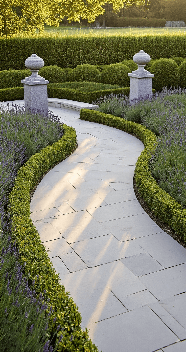Formal garden entrance with granite sentinels flanking a curved pathway, framed by manicured boxwood hedges and lavender borders, showcasing dramatic late afternoon light and symmetry in a refined palette of warm grays, deep greens, and purples.