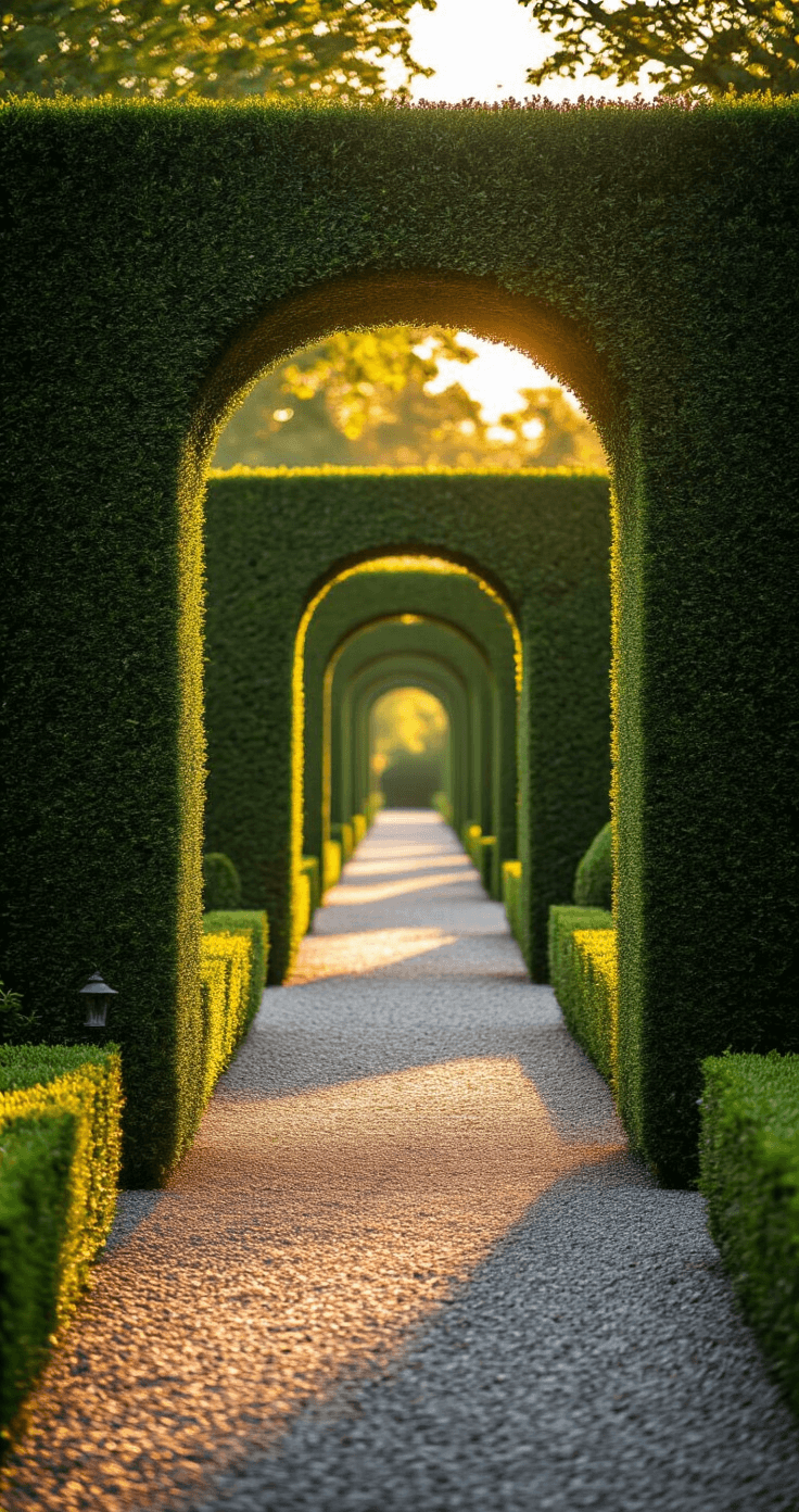 A symmetrical garden entrance features a manicured boxwood hedge archway at golden hour, with sunlight filtering through, casting shadows on the gravel path. The scene highlights rich greens and warm light, with dewdrops on foliage and professional lighting enhancing depth.