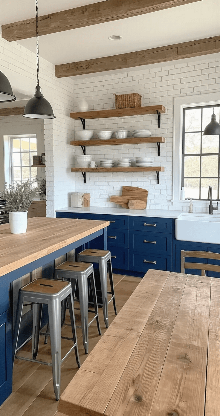 A spacious open-concept farmhouse kitchen and dining area featuring a long island with a butcher block and quartz countertop, industrial-style stools, whitewashed brick walls, navy blue lower cabinets, open shelving, and a reclaimed wood dining table, illuminated by warm golden hour light.