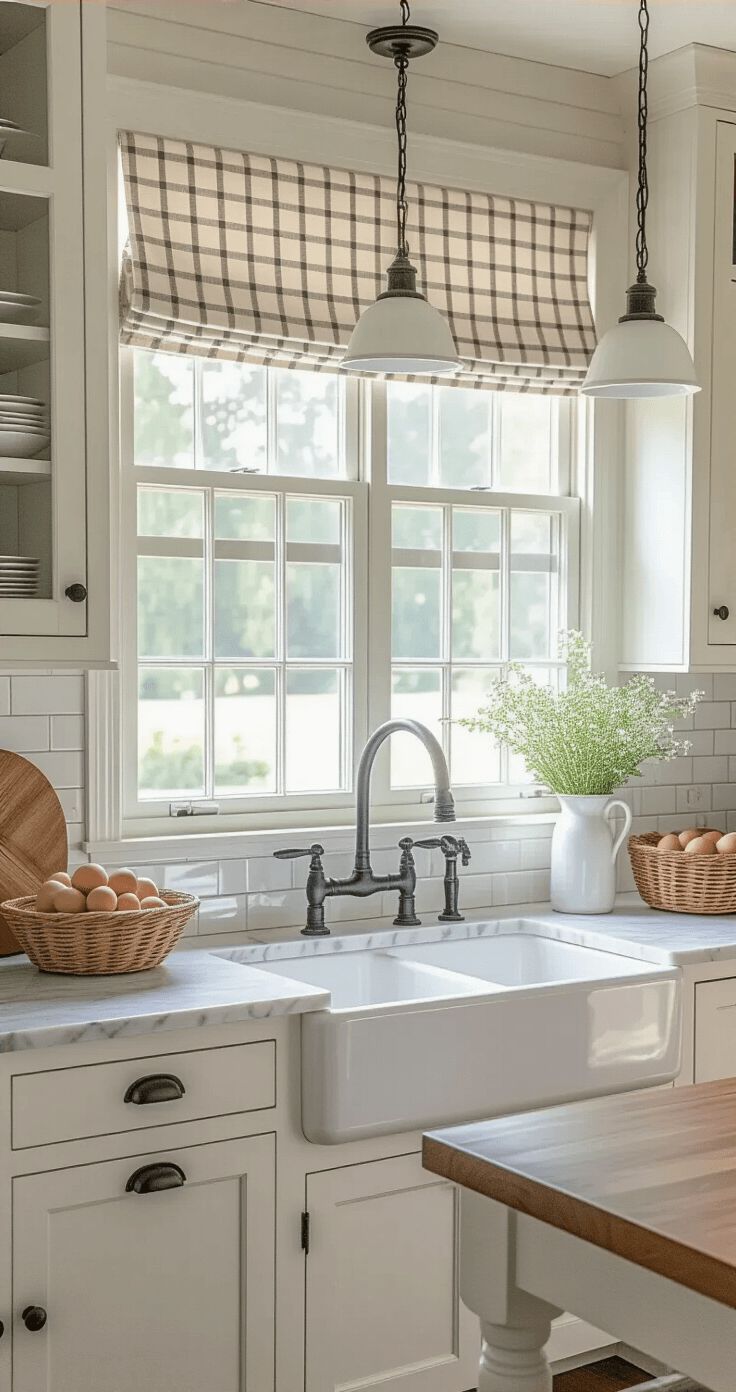 A cozy farmhouse kitchen bathed in sunlight, featuring a central island with a laminate countertop resembling Carrara marble, white Shaker cabinets with black iron hardware, and a buffalo check roman shade over a white fireclay sink. Mason jar pendant lights hang above the island adorned with a woven basket of fresh eggs, all captured at eye level for an intimate ambiance.