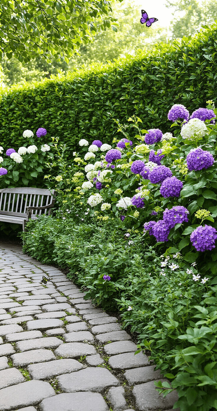 Intimate cottage garden corner with a flowering viburnum hedge, butterflies and bees nearby, featuring a garden bench and dew-kissed cobblestone path, captured in soft, diffused mid-morning light.