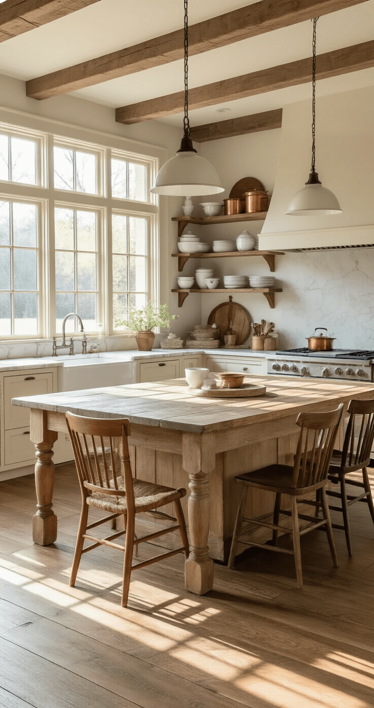 A sunlit farmhouse kitchen featuring a wooden island with a white sink, cream Shaker-style cabinets, open shelves, a large farmhouse table, and vintage pendant lights, all set on wide-plank oak floors.