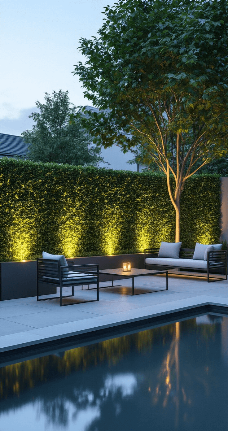 A contemporary urban garden at twilight featuring an 8-foot laurel hedge illuminated by modern lighting, steel planters, minimalist furniture, and a reflection pool, all in a monochromatic green palette with warm highlights and dramatic shadows.