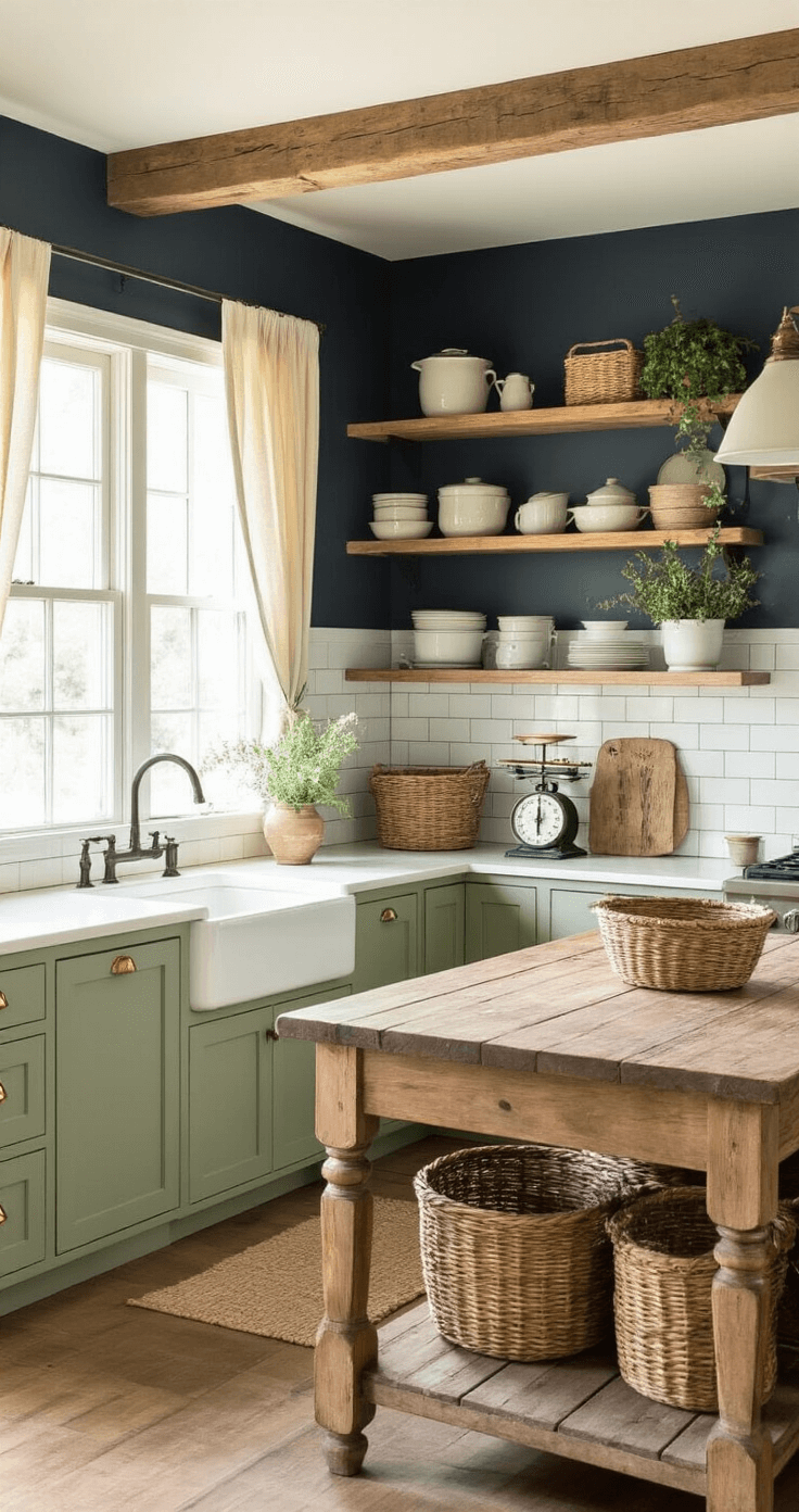 An intimate farmhouse kitchen bathed in golden hour light, featuring sage green and white cabinetry, a reclaimed wood island, and a navy accent wall with antique kitchenware.