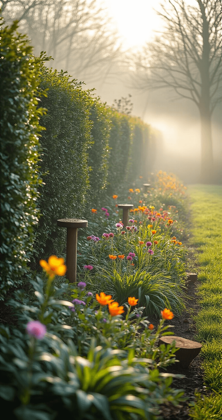 A vibrant wildlife-friendly garden border in early spring, showcasing a mixed hedge of hornbeam and beech alongside native flowering plants, with morning mist and sunlight filtering through fresh leaves. Bird feeders and natural wood elements enhance the scene, captured in a wide-angle shot that highlights varied textures and heights, all in natural earth tones with colorful spring flowers adding visual interest.