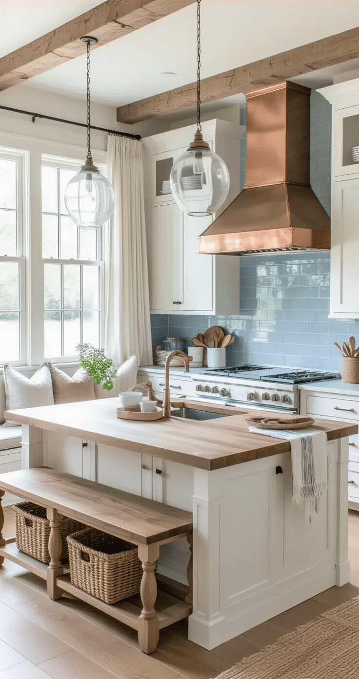 Bright and airy open-concept farmhouse kitchen featuring a large island with butcher block top, glass pendant lights, white shaker cabinets, blue tile backsplash, commercial-style range with copper hood, open shelving, cozy breakfast nook with built-in bench and round table, bathed in natural light from bay windows, accented with woven baskets, linen curtains, and jute rug.