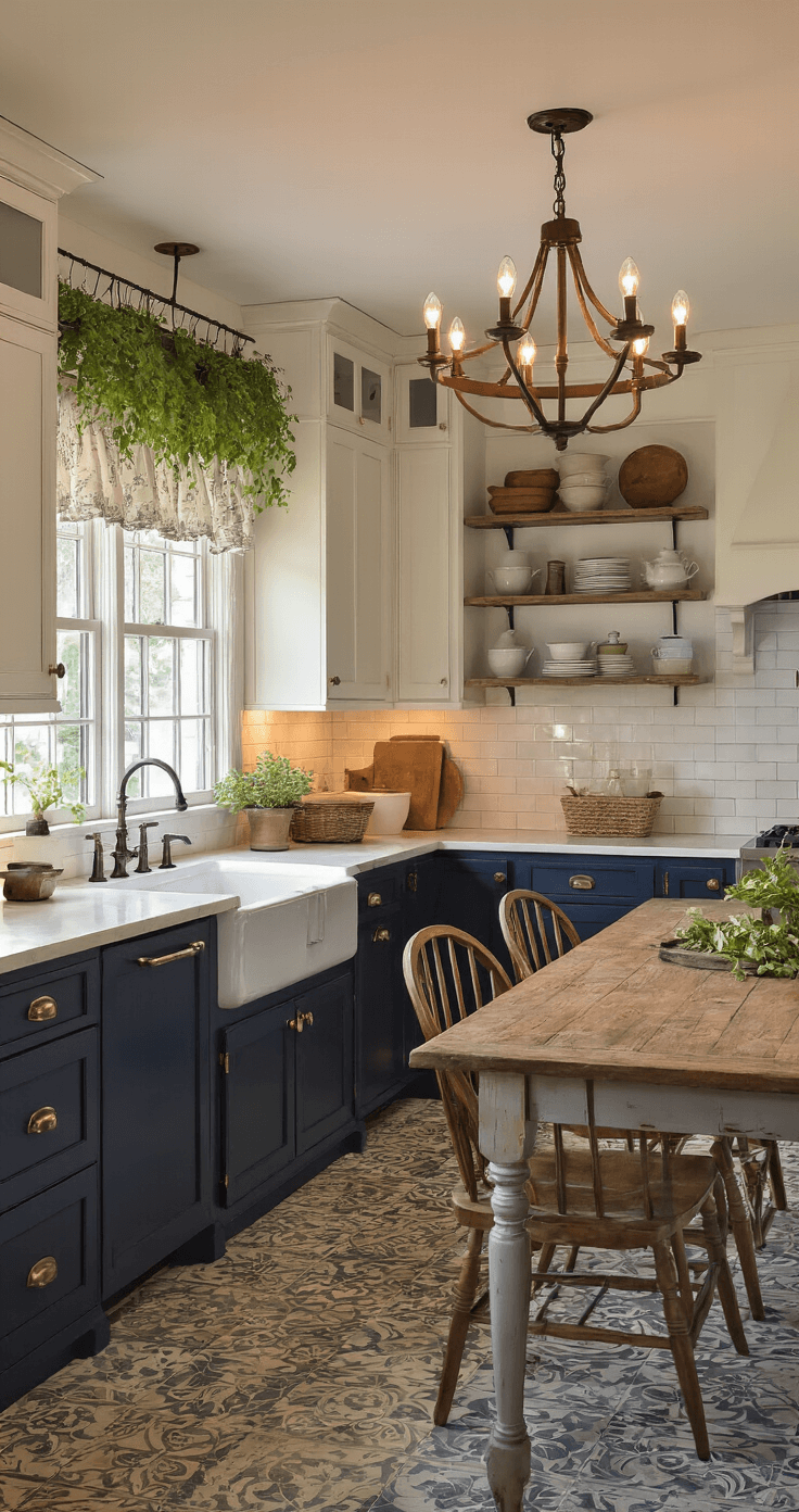 A cozy farmhouse kitchen at dusk with navy lower cabinets, white upper cabinets, and antique brass hardware, featuring a distressed farmhouse table, Windsor chairs, a chandelier with Edison bulbs, a white apron-front sink, open shelving, and patterned tile flooring, all illuminated by warm ambient lighting.