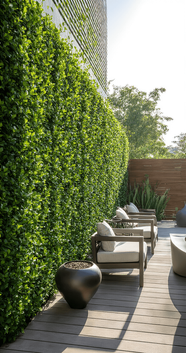 A modern residential privacy screen featuring a dense 7-foot holly hedge and contemporary outdoor living elements, photographed in bright midday sun. The glossy leaf texture is accentuated by sunlight, casting intricate shadows on the deck, with clean-lined outdoor furniture and sculptural planters in the scene. The image is shot from seated eye level, highlighting the privacy effect, with rich greens contrasting against warm wood tones and metallic accents.