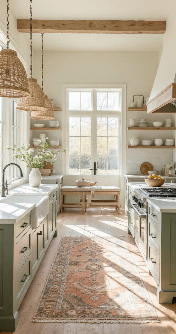 A sunlit farmhouse kitchen featuring white oak cabinets, honed marble countertops, a sage green island with a farmhouse sink, open shelving with ceramics, and a rustic sliding barn door, all bathed in bright natural light.