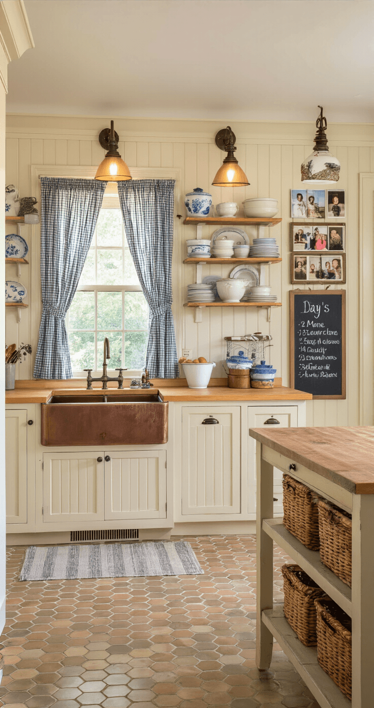 A cozy farmhouse kitchen with cream-colored cabinets, butcher block counters, and a copper sink under gingham curtains, featuring open shelving with blue and white dishes, a small island with a reclaimed wood top, and warm wall sconces, adorned with family photos and a chalkboard menu, on hexagonal terracotta tiles.