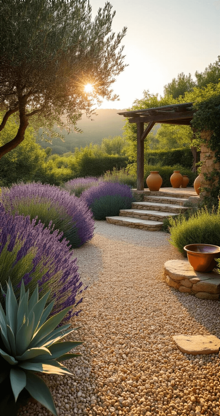 A sun-drenched Mediterranean gravel garden at golden hour, featuring honey-colored pea gravel paths, blooming lavender clusters, weathered terracotta pots with olive trees, ancient limestone steps, a rustic wooden pergola with climbing roses, and a copper bird bath reflecting the light.