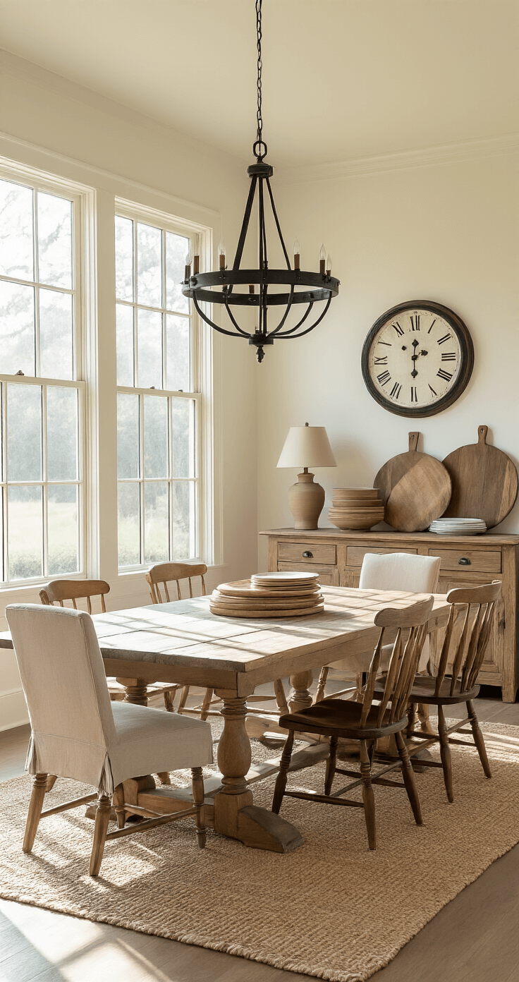 A warm and inviting farmhouse dining room featuring a large reclaimed oak table surrounded by mismatched chairs, an oversized chandelier, and a jute rug, all illuminated by golden afternoon light streaming through large windows.