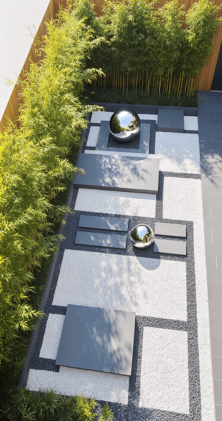 Aerial view of a minimalist modern gravel garden featuring a 20'x50' layout with charcoal-gray crushed granite paths, large geometric concrete pavers, black bamboo, architectural grasses, and stainless steel sphere water features reflecting sunlight, with sharp shadows enhancing the geometric design.