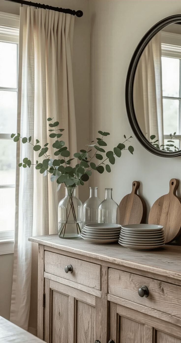 An intimate farmhouse dining room corner featuring a weathered oak sideboard with clear glass vases of eucalyptus, stacked soft gray stoneware plates, wooden cutting boards, and a warm table lamp, all reflected in a round black metal-framed mirror above.