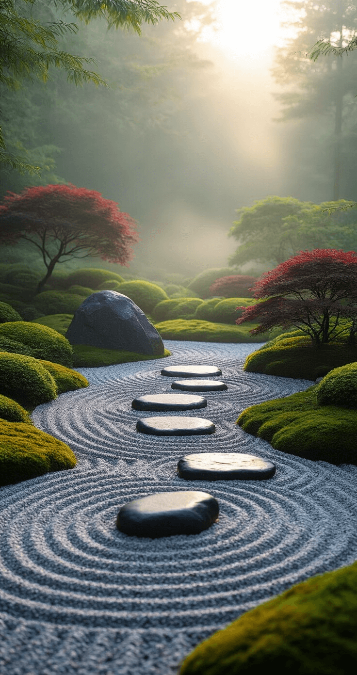 Close-up of a tranquil Zen garden at dawn, featuring raked silver-gray granite gravel in circular patterns, black river rocks forming a path to a granite boulder, dwarf Japanese maples with burgundy leaves, and lush green moss, all enveloped in morning mist.