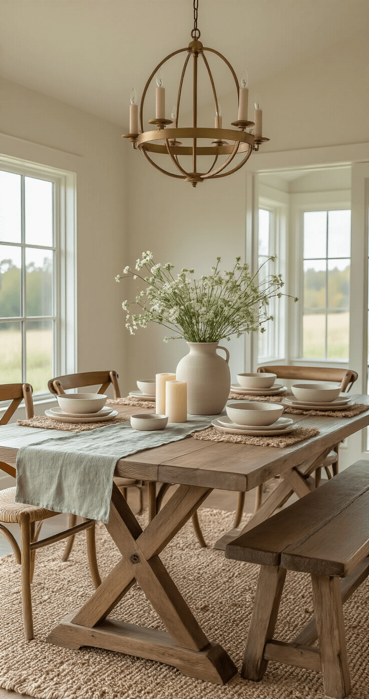 A beautifully set farmhouse dining table with a walnut finish, featuring a pale sage linen runner, woven jute placemats, matte stoneware dishes, and linen napkins, surrounded by wildflowers and candles, illuminated by a brass chandelier in the warm afternoon light.