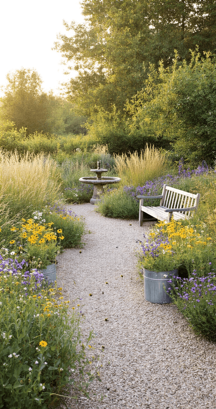 A rustic cottage gravel garden bathed in late afternoon light, featuring a winding decomposed granite path, wildflowers, weathered wooden benches, vintage galvanized containers with colorful blooms, and a stone bird bath surrounded by creeping thyme and honey bees.