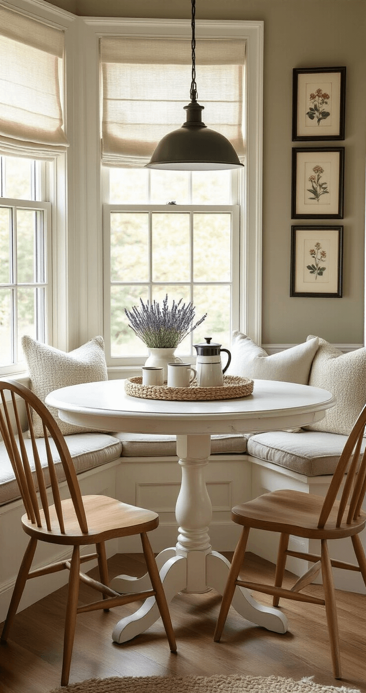 A cozy breakfast nook with a round white pedestal table, cushioned window seats, natural oak spindle-back chairs, and soft morning light filtering through linen roman shades. The table is adorned with a cream knit table runner, enamelware mugs, a French press, and a small vase of fresh lavender, surrounded by vintage botanical prints on warm greige walls.