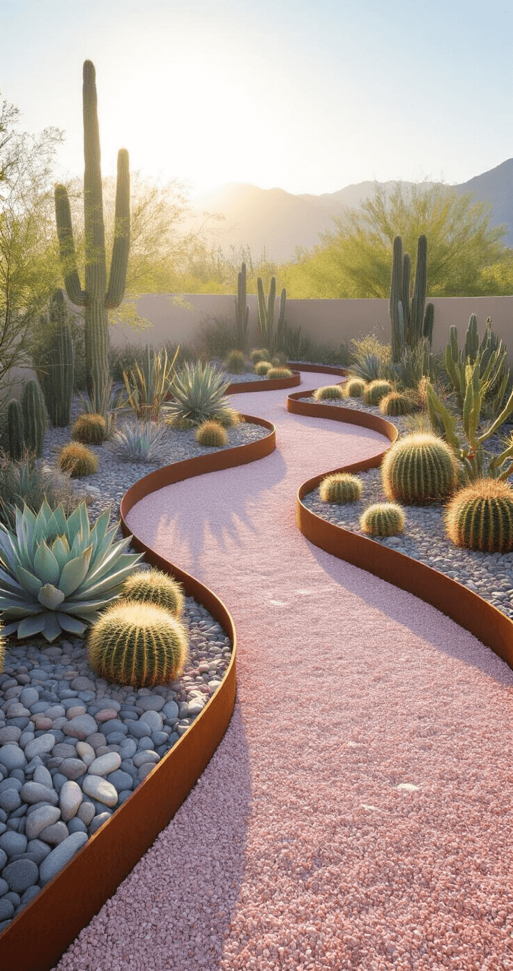 A contemporary desert-inspired gravel garden featuring crushed rose quartz gravel, sculptural succulents, and cacti, framed by Cor-ten steel edging and a dry stream bed of smooth river rocks, all illuminated by sharp sunlight at high noon.
