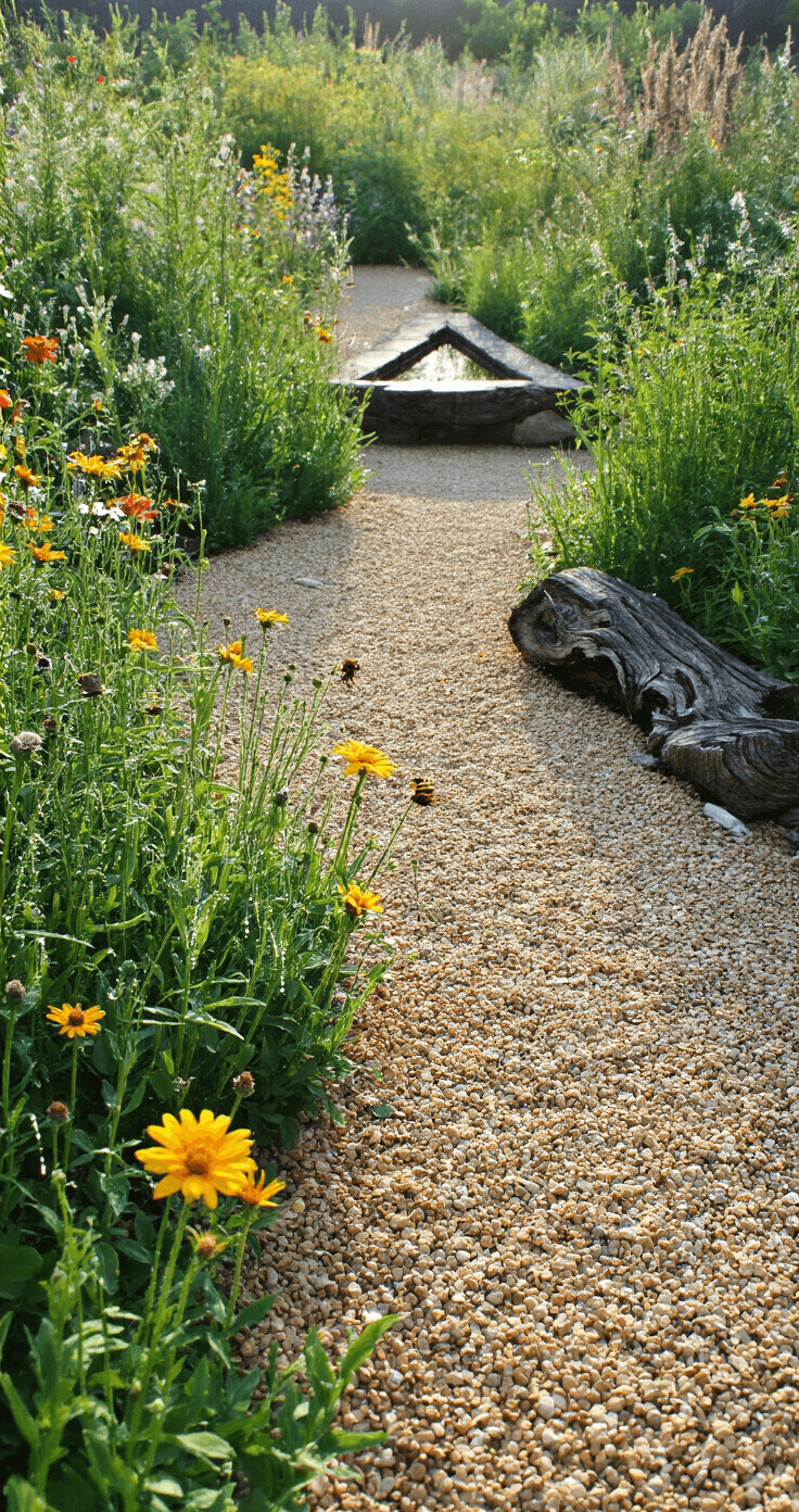 A wildlife-friendly gravel garden featuring native plantings in golden pea gravel, layered pollinator-friendly flowers, a shallow stone water feature, and weathered log sections for insect habitats, all illuminated by morning light with dewdrops sparkling on spider webs.
