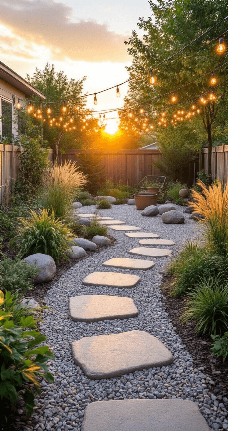 A budget-friendly gravel garden at sunset features affordable crushed granite paths, DIY concrete stepping stones leading to a children's play area with smooth river rocks and ornamental grasses, recycled container plantings for added height, and string lights overhead, all illuminated by warm sunset tones.