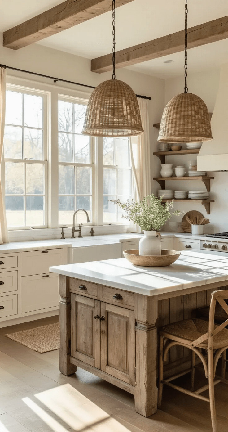 A spacious farmhouse kitchen with warm morning light, featuring a weathered wood island with a marble top, rattan pendant lights, distressed white cabinets, open shelving with vintage enamelware, a farmhouse sink, and a cozy breakfast nook with a round wooden table and mismatched chairs.