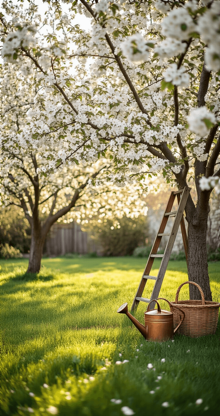 A sunlit suburban backyard at golden hour features three blooming apple trees casting dappled light on green grass. A vintage ladder leans against a central tree, with a copper watering can and a harvest basket nearby. The scene has a soft bokeh effect, focusing on the textured bark and delicate blooms of the nearest tree.