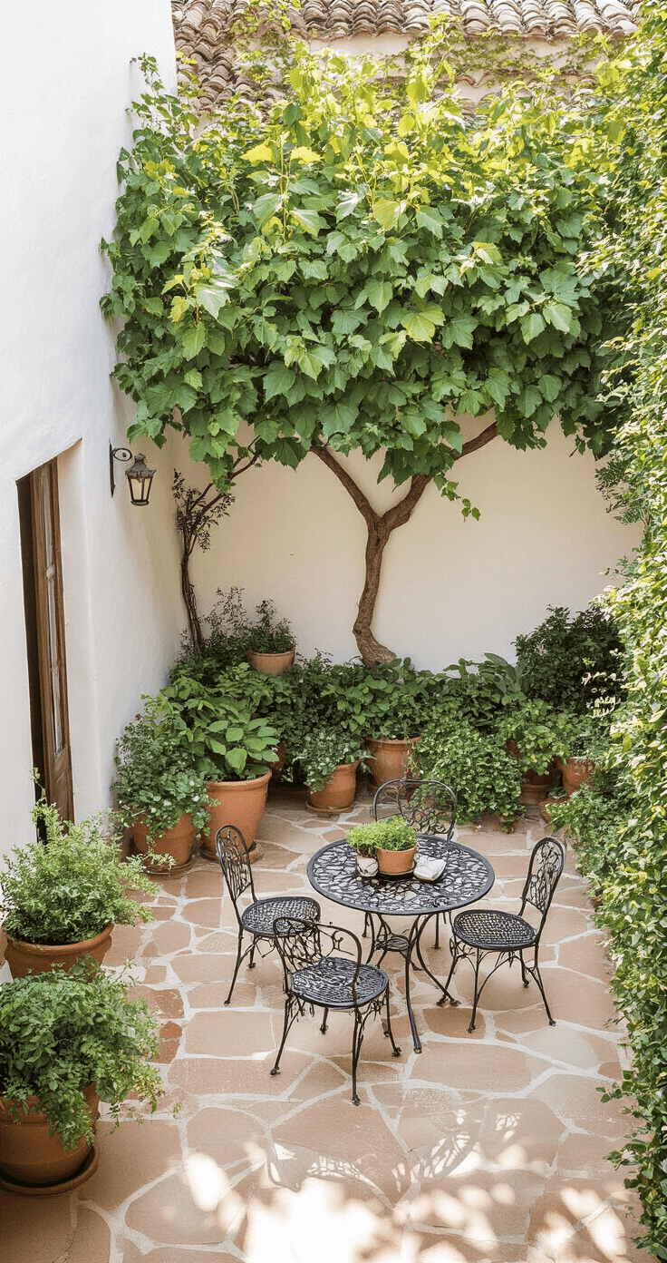 Aerial view of a Mediterranean-style courtyard garden featuring an espaliered fig tree against a whitewashed wall, terracotta pots with herbs on stone pavers, and a wrought iron bistro set, all illuminated by mid-morning light casting geometric shadows.