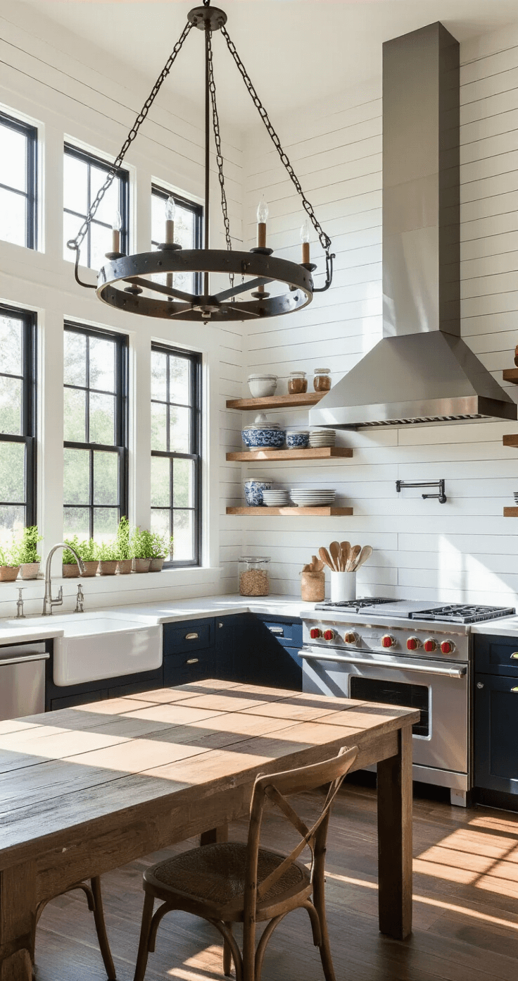 Bright and airy farmhouse kitchen featuring a large wood and metal drum chandelier over a reclaimed barn wood dining table, with white shiplap walls, black-framed windows, dark hardwood floors, and colorful Fiestaware in glass-front cabinets.