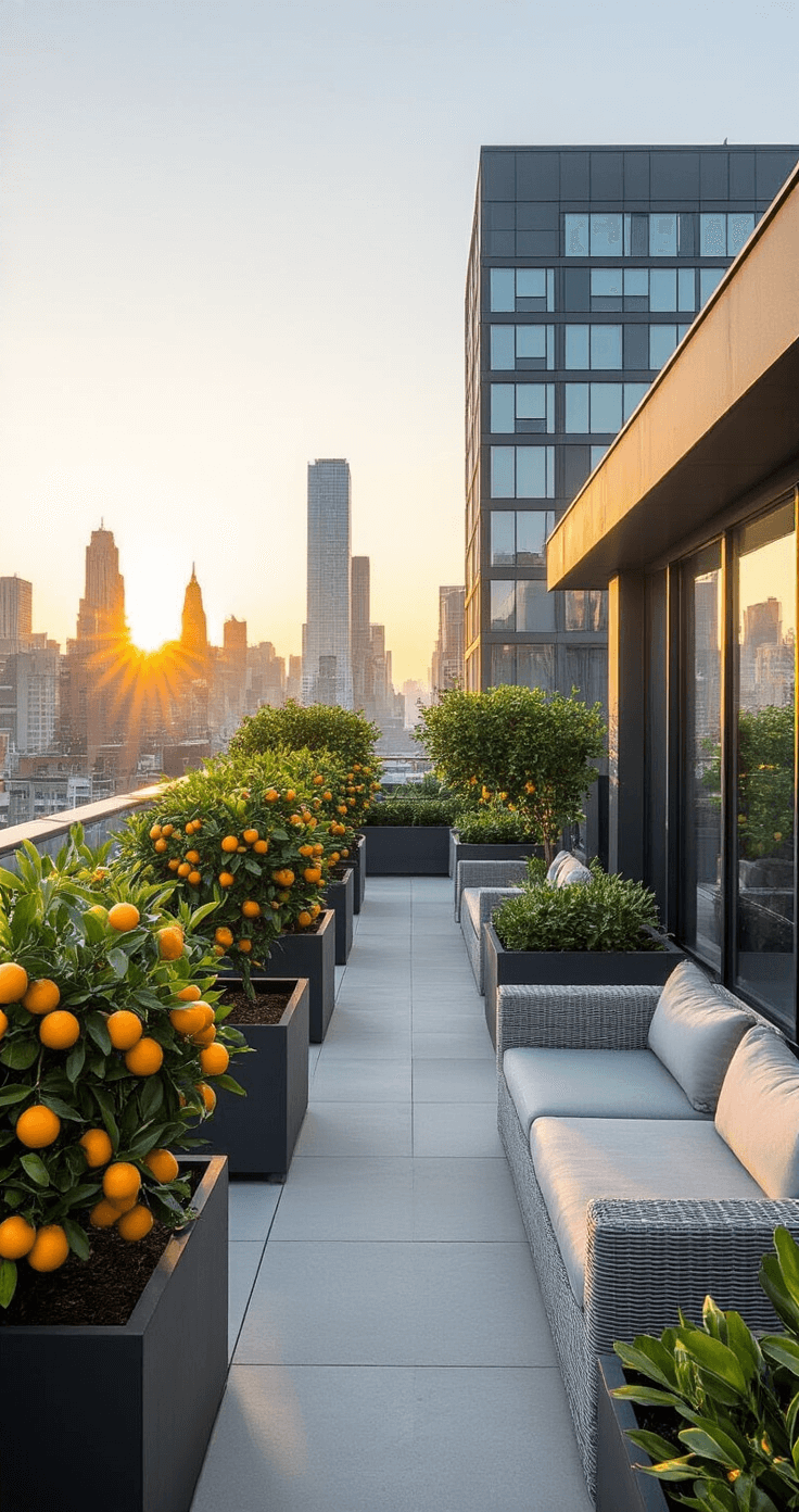 Modern urban rooftop garden at sunrise with dwarf citrus trees in charcoal planters, reflecting windows, light gray lounge seating, and dramatic leading lines, showcasing a blend of cool urban tones warmed by citrus fruits and morning light.